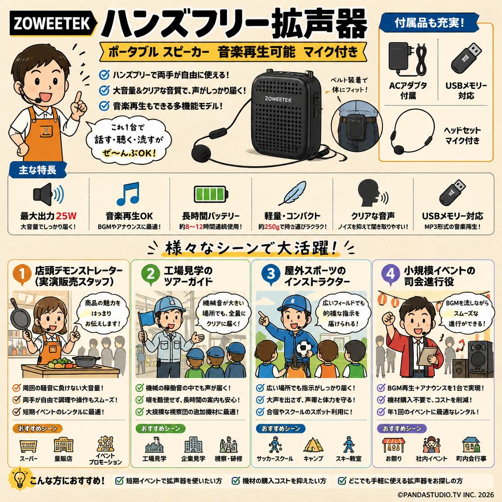 ZOWEETEK ハンズフリー拡声器 ポータブル スピーカー 音楽再生可能 マイク付き,ACアダプタ付属 USBメモリー おもな対象のお客様
