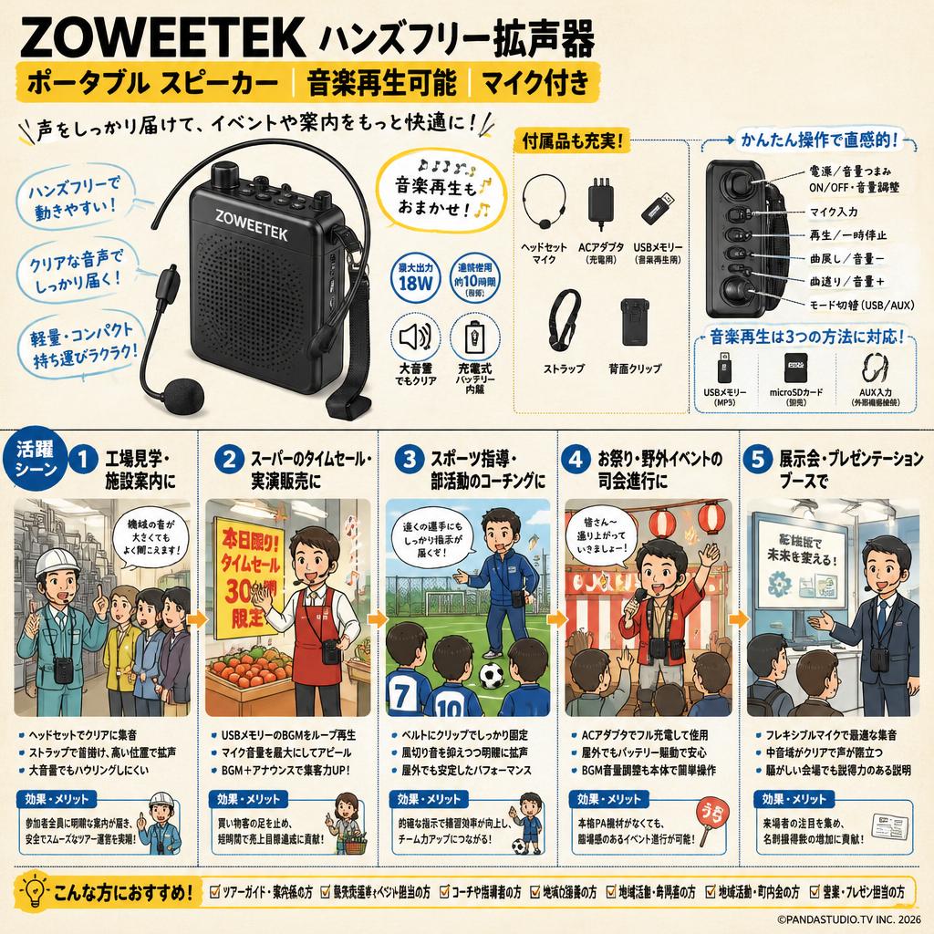 ZOWEETEK ハンズフリー拡声器 ポータブル スピーカー 音楽再生可能 マイク付き,ACアダプタ付属 USBメモリー 用途