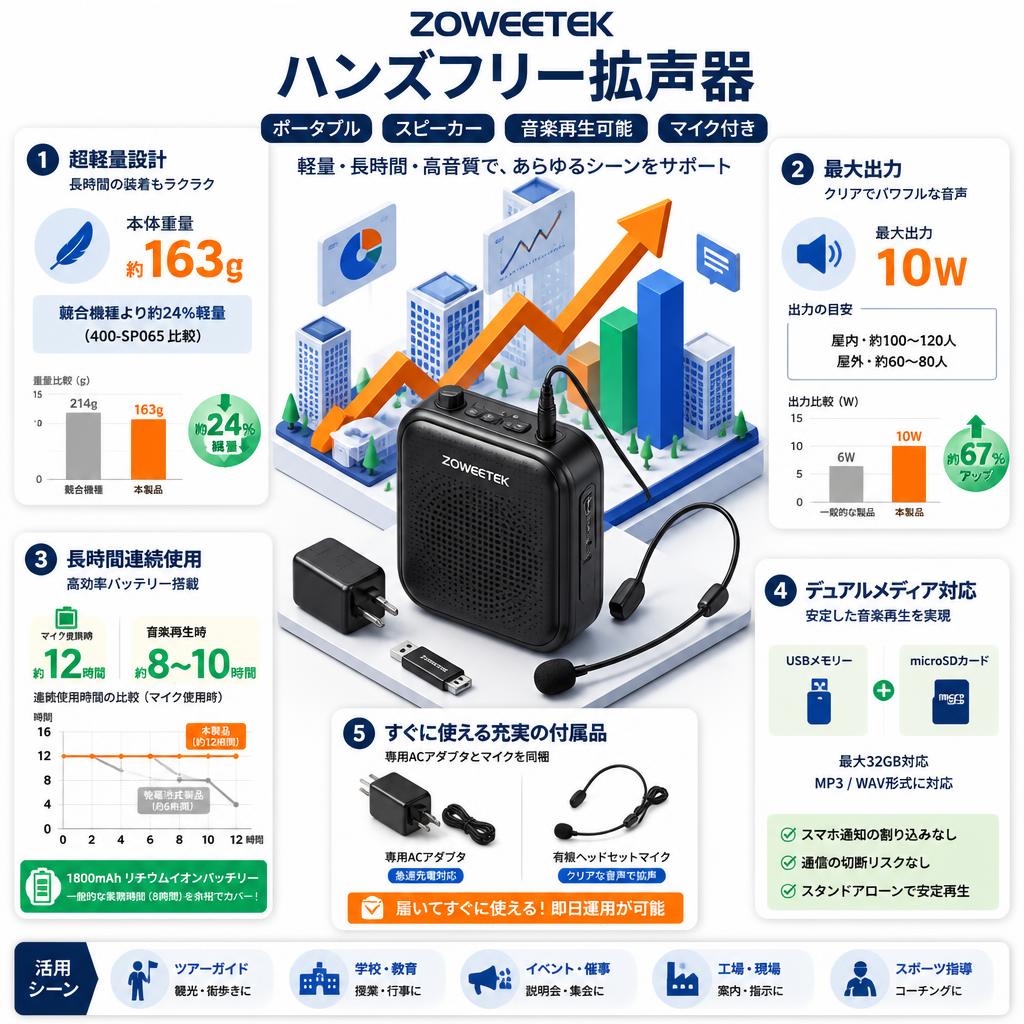 ZOWEETEK ハンズフリー拡声器 ポータブル スピーカー 音楽再生可能 マイク付き,ACアダプタ付属 USBメモリー セールスポイント