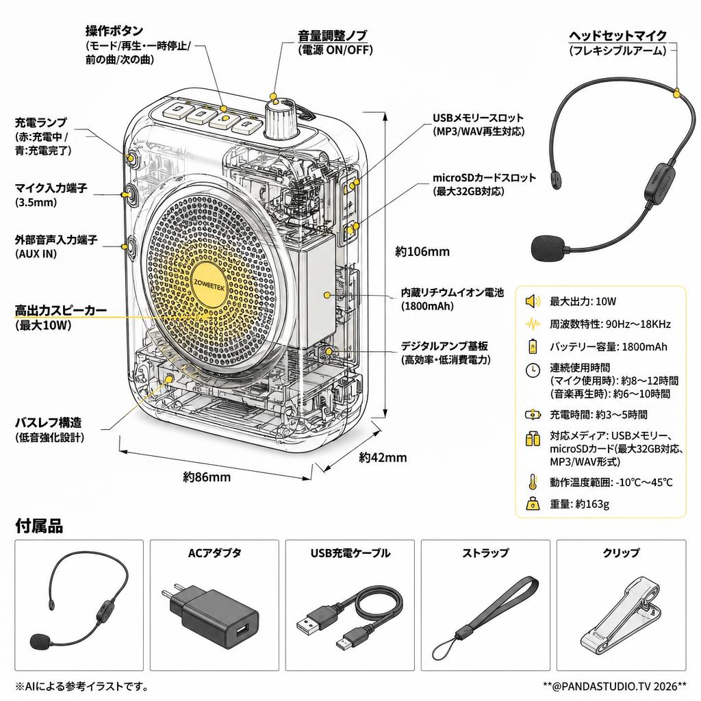 ZOWEETEK ハンズフリー拡声器 ポータブル スピーカー 音楽再生可能 マイク付き,ACアダプタ付属 USBメモリー スペック