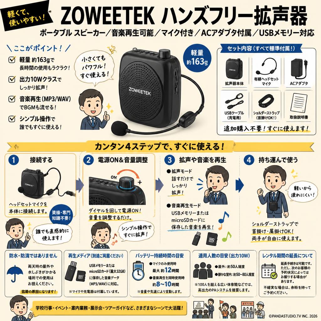 ZOWEETEK ハンズフリー拡声器 ポータブル スピーカー 音楽再生可能 マイク付き,ACアダプタ付属 USBメモリー FAQ（よくある質問と答え）
