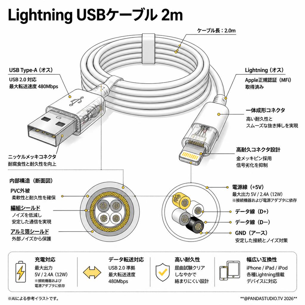 Lightning USBケーブル 2m スペック
