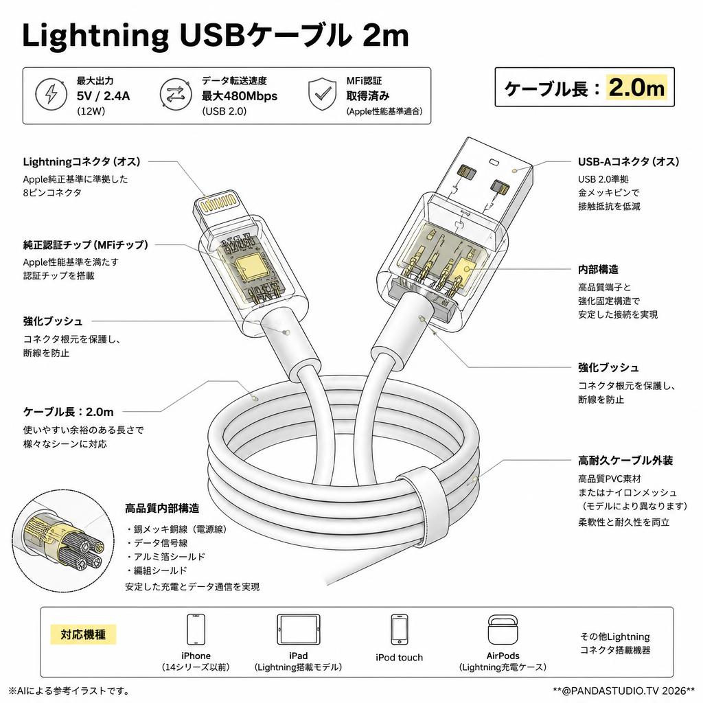 Lightning USBケーブル 2m スペック