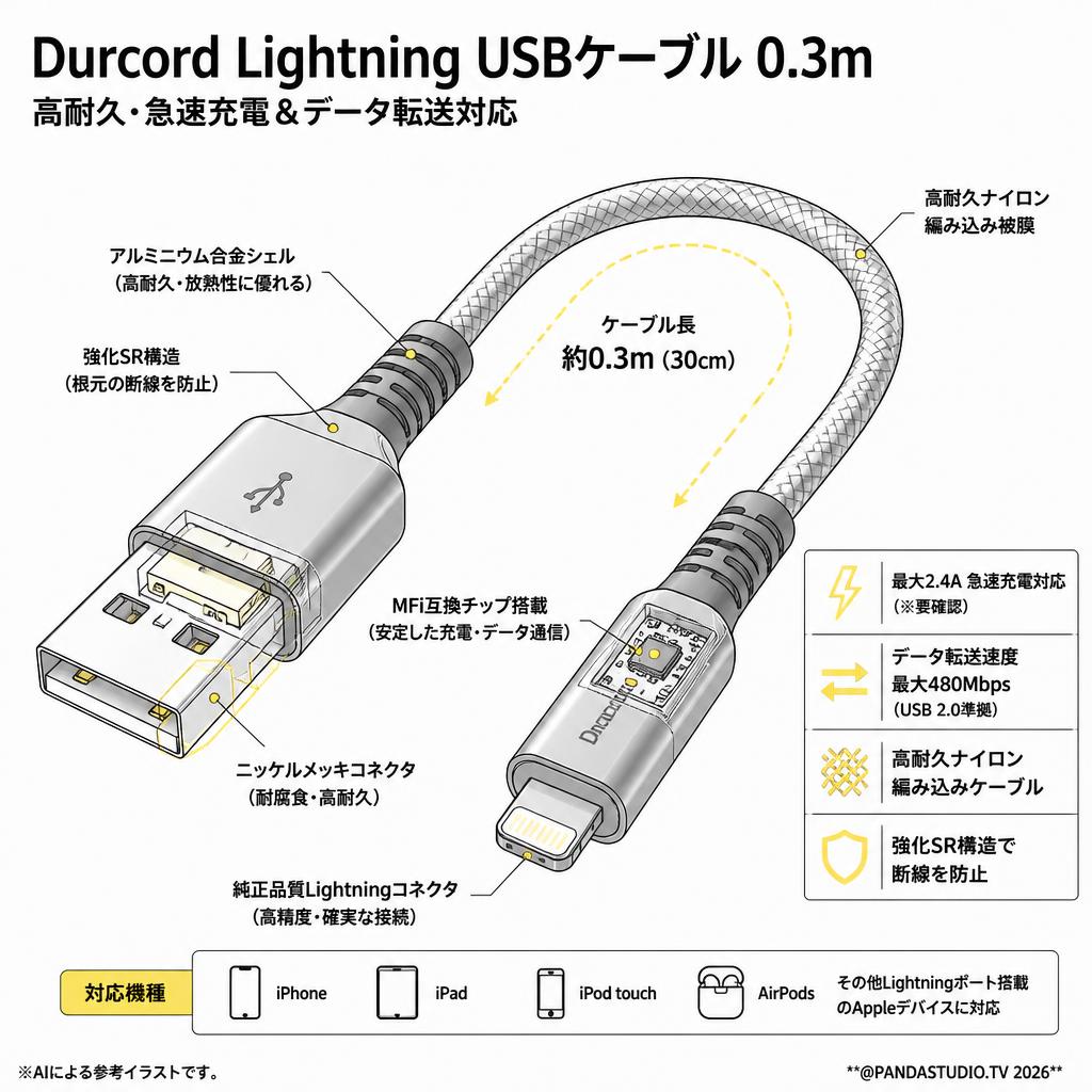 Durcord Lightning USBケーブル 0.3m スペック