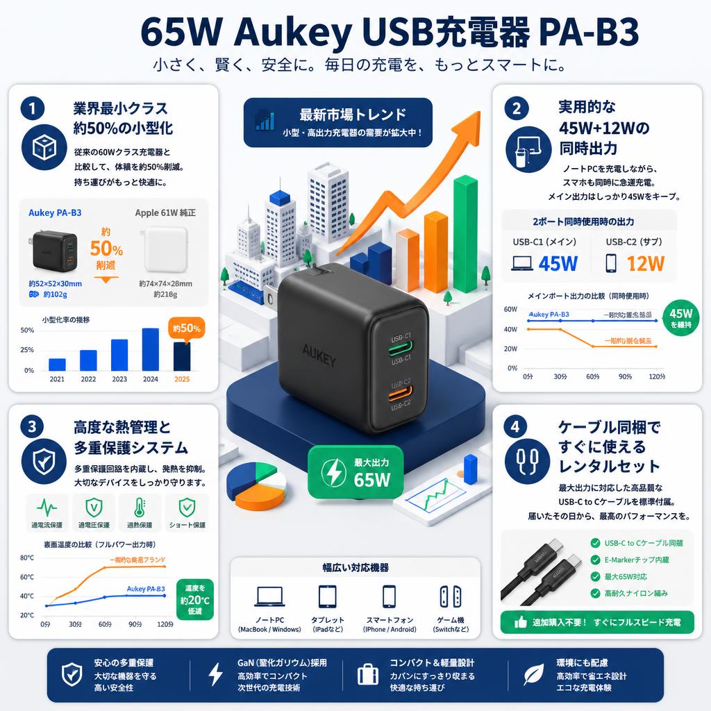 65W Aukey USB充電器 PA-B3 セールスポイント