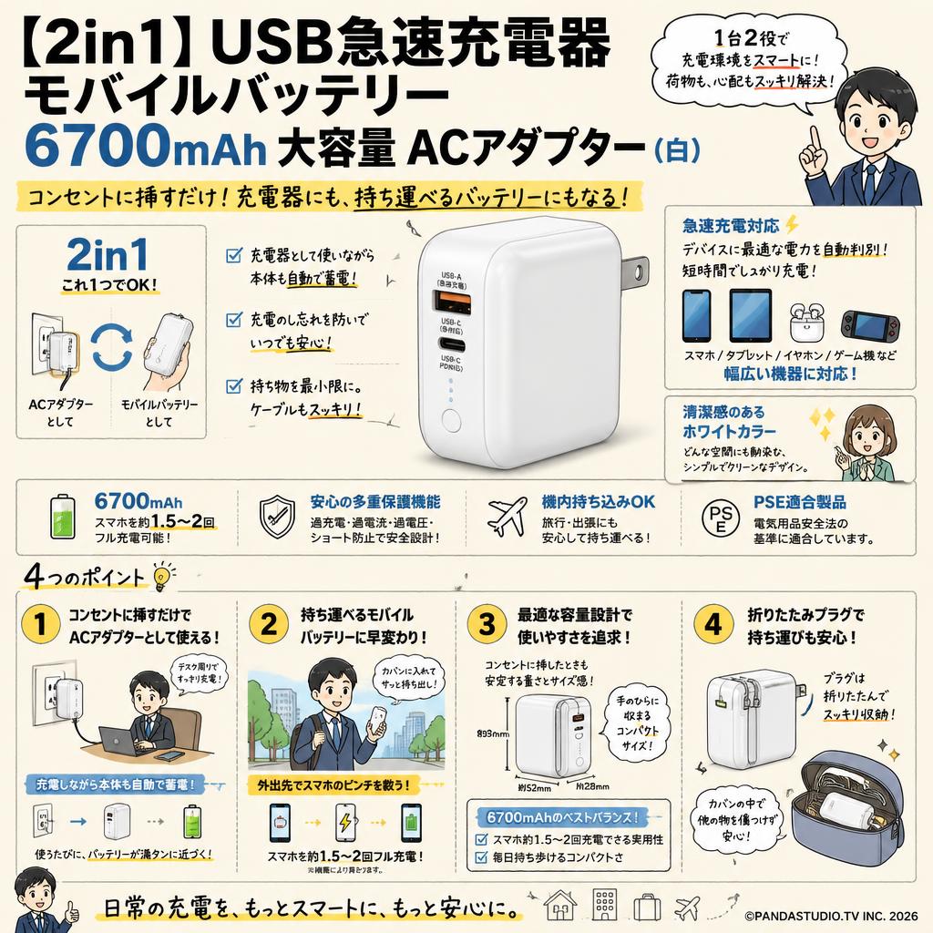 【2in1】 USB急速充電器 モバイルバッテリー 6700mAh 大容量 ACアダプター(白) 概要