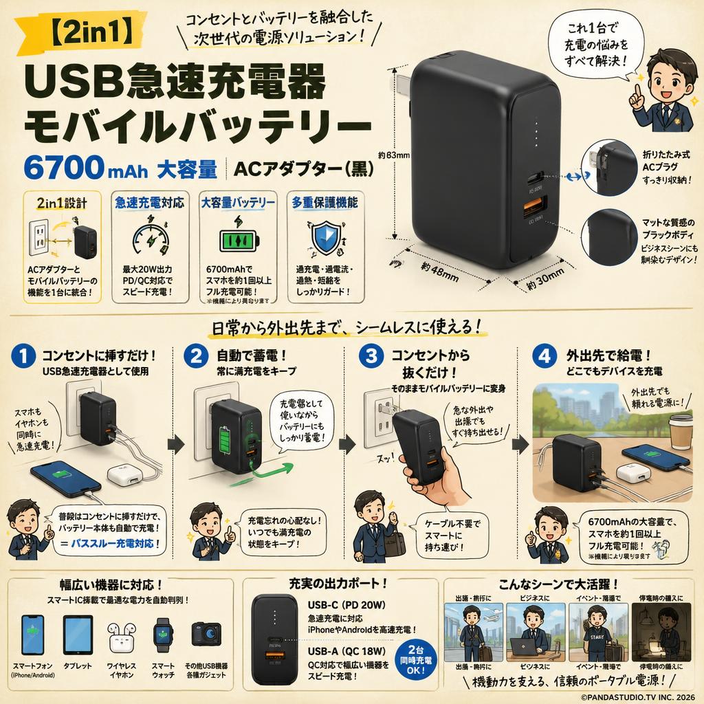 【2in1】 USB急速充電器 モバイルバッテリー 6700mAh 大容量 ACアダプター(黒） 概要