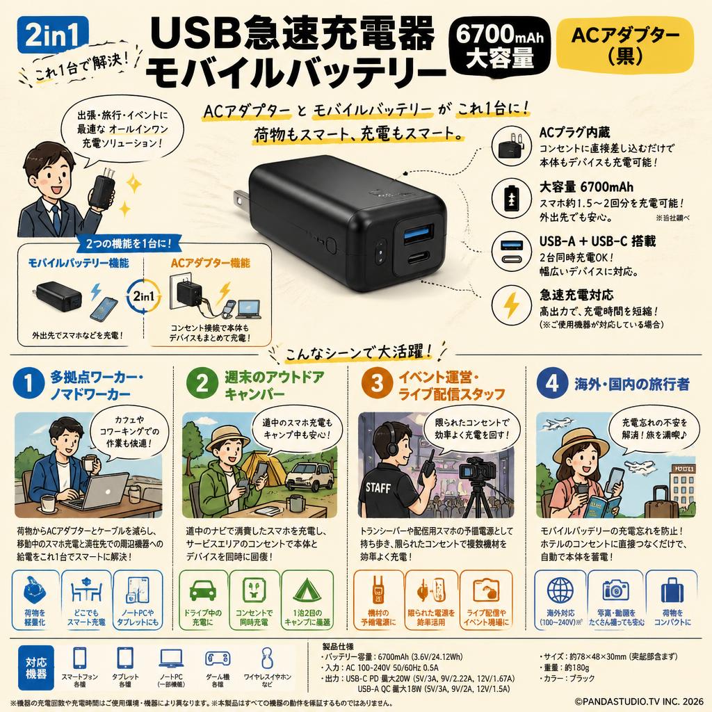 【2in1】 USB急速充電器 モバイルバッテリー 6700mAh 大容量 ACアダプター(黒） おもな対象のお客様