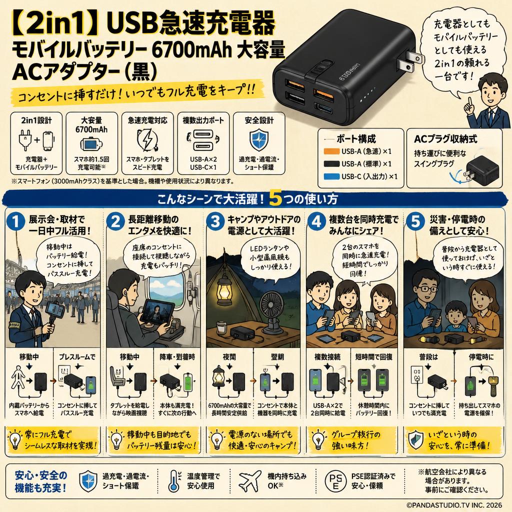 【2in1】 USB急速充電器 モバイルバッテリー 6700mAh 大容量 ACアダプター(黒） 用途