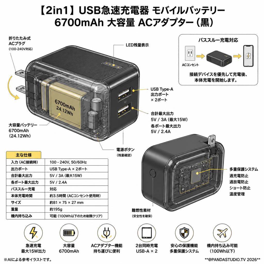 【2in1】 USB急速充電器 モバイルバッテリー 6700mAh 大容量 ACアダプター(黒） スペック