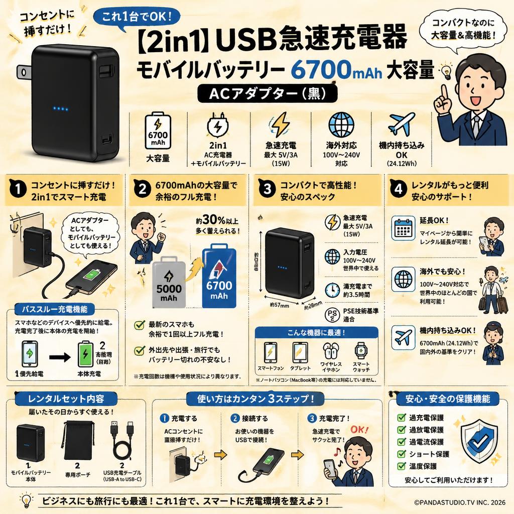 【2in1】 USB急速充電器 モバイルバッテリー 6700mAh 大容量 ACアダプター(黒） FAQ（よくある質問と答え）