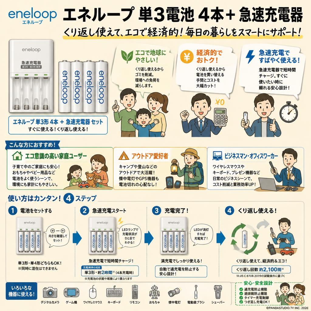 エネループ eneloop 単3電池 4本＋ 急速充電器 おもな対象のお客様