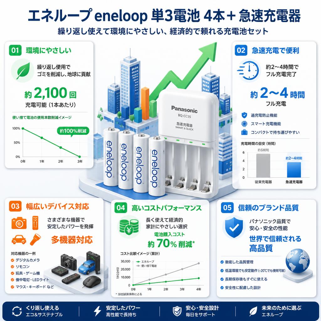 エネループ eneloop 単3電池 4本＋ 急速充電器 セールスポイント