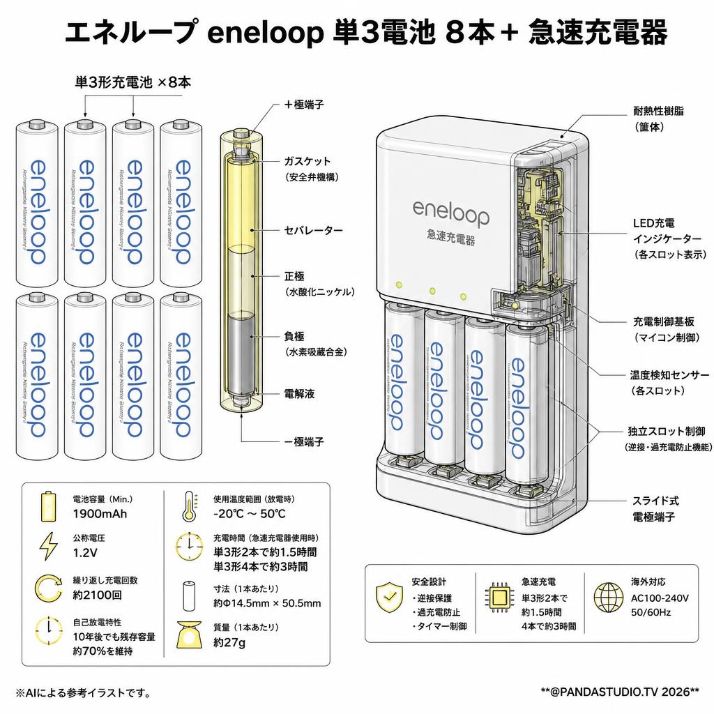 エネループ eneloop 単3電池 8本＋ 急速充電器 スペック