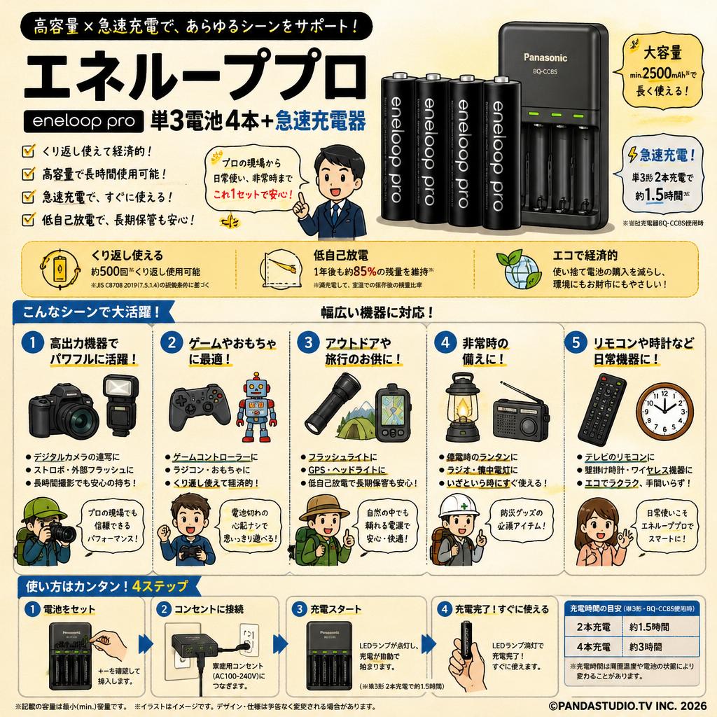 エネループプロ enelooppro 単3電池 4本＋ 急速充電器 用途