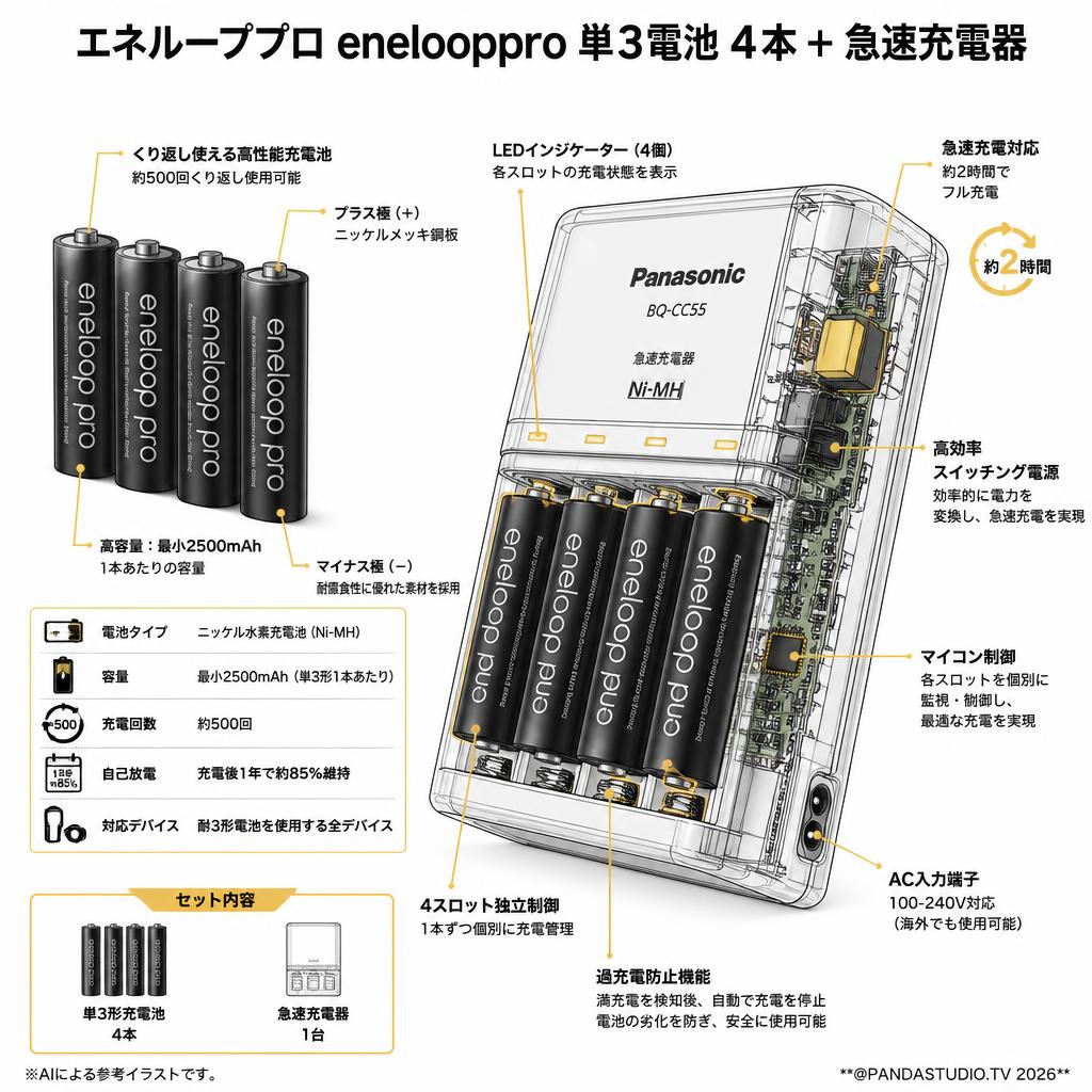 エネループプロ enelooppro 単3電池 4本＋ 急速充電器 スペック