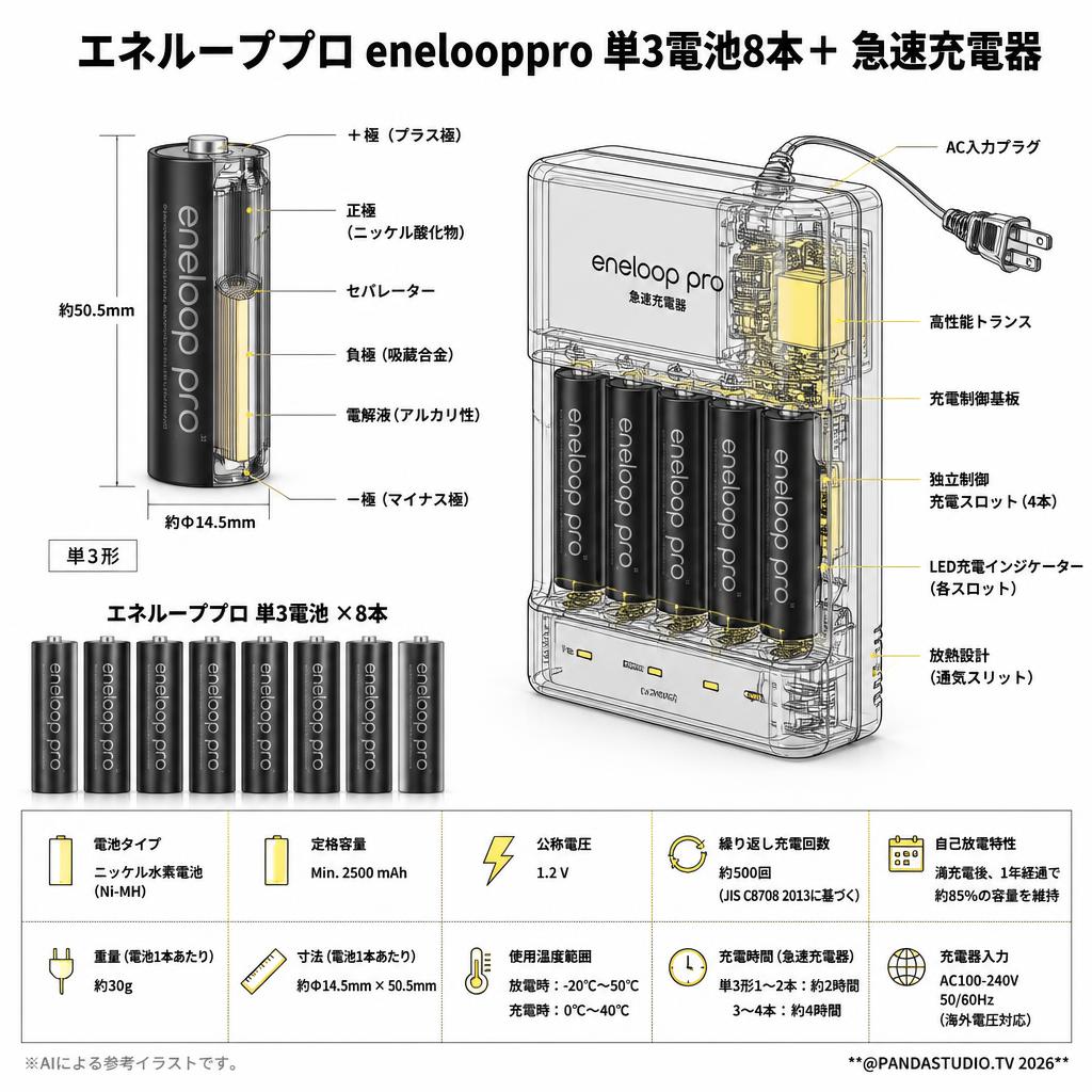 エネループプロ enelooppro 単3電池8本＋ 急速充電器 スペック