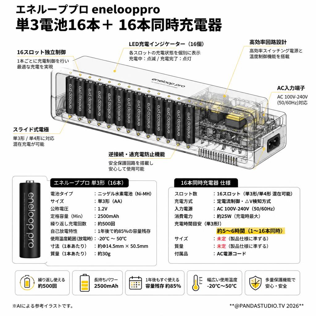エネループプロ enelooppro 単3電池16本＋ 16本同時充電器 スペック
