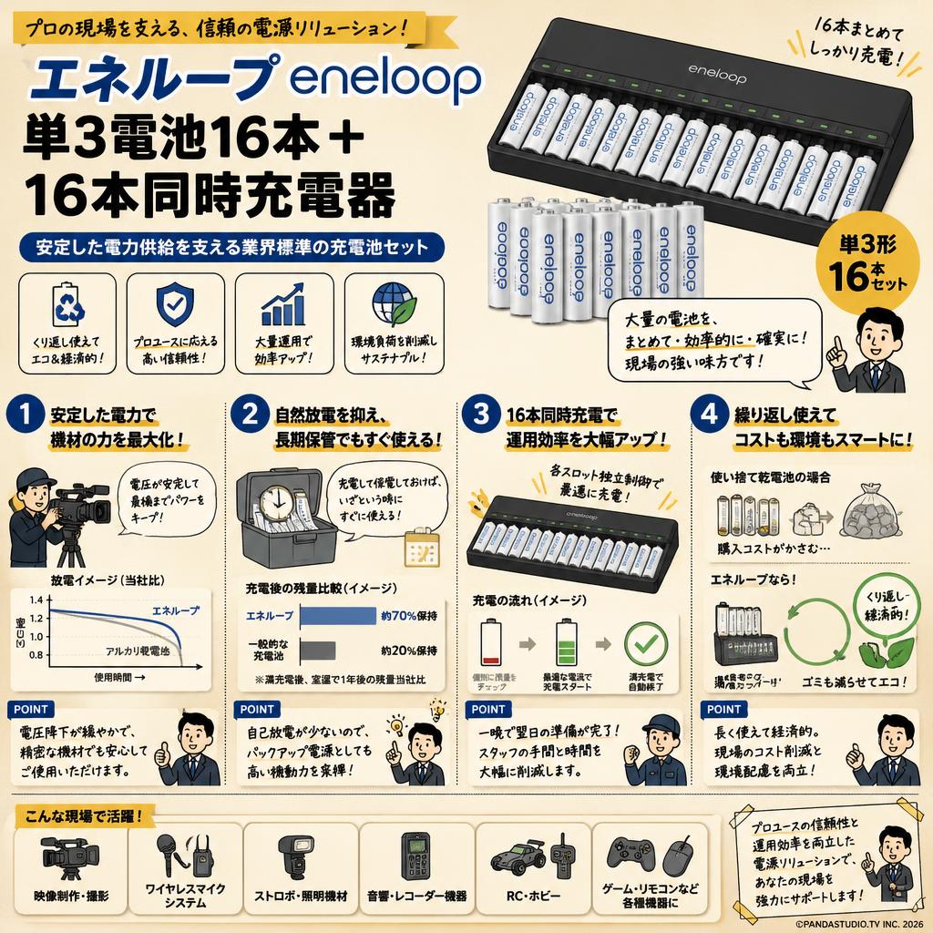 エネループ eneloop 単3電池16本＋ 16本同時充電器 概要