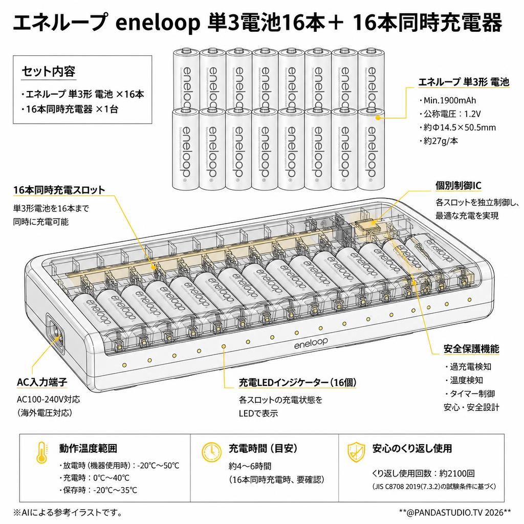 エネループ eneloop 単3電池16本＋ 16本同時充電器 スペック