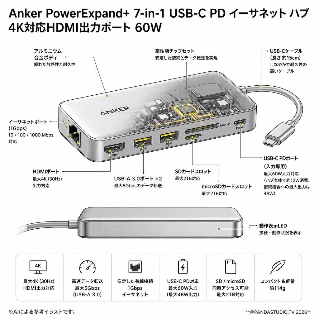 Anker PowerExpand+ 7-in-1 USB-C PD イーサネット ハブ 4K対応HDMI出力ポート 60W スペック