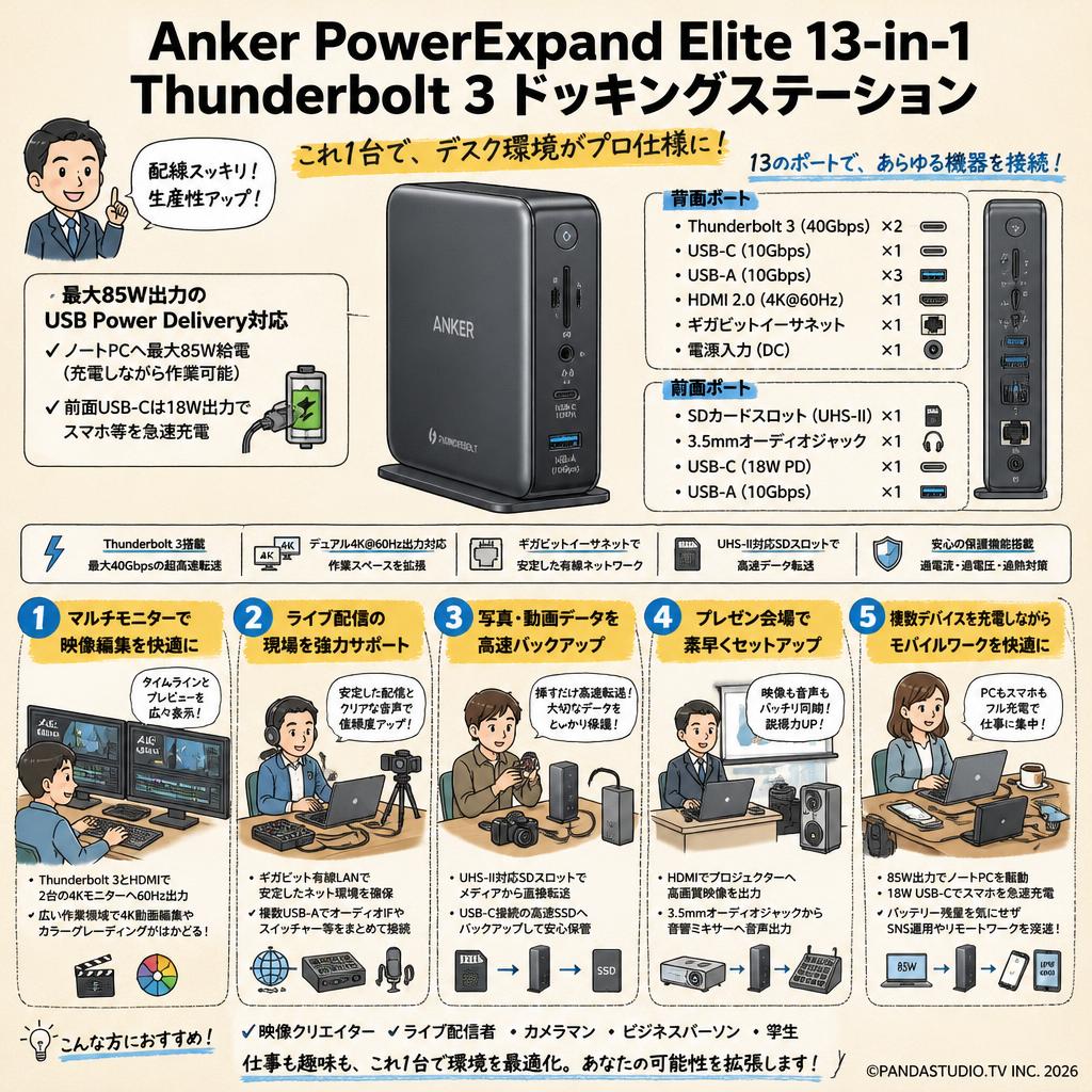 Anker PowerExpand Elite 13-in-1 Thunderbolt 3  Dock ドッキングステーション 85W出力 USB Power 用途