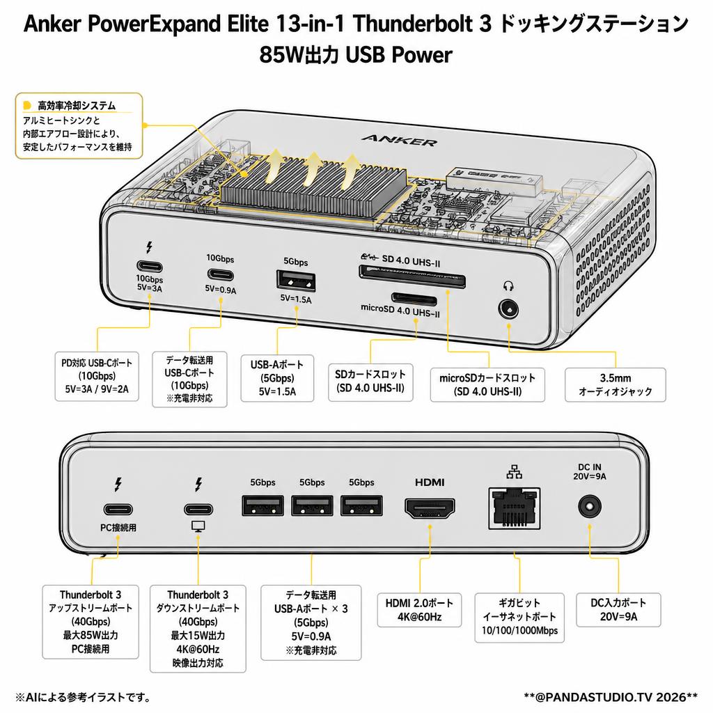 Anker PowerExpand Elite 13-in-1 Thunderbolt 3  Dock ドッキングステーション 85W出力 USB Power スペック
