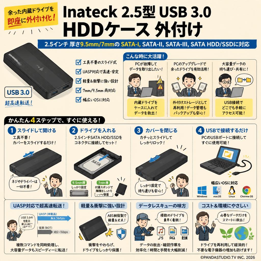 Inateck 2.5型 USB 3.0 HDDケース外付け 2.5インチ厚さ9.5mm/7mmのSATA-I, SATA-II, SATA-III, SATA HDD/SSDに対応 概要