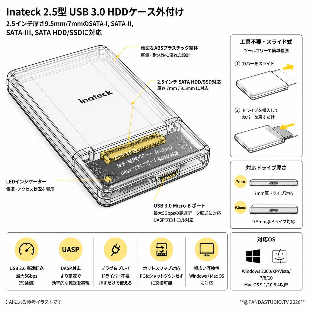 Inateck 2.5型 USB 3.0 HDDケース外付け 2.5インチ厚さ9.5mm/7mmのSATA-I, SATA-II, SATA-III, SATA HDD/SSDに対応 スペック