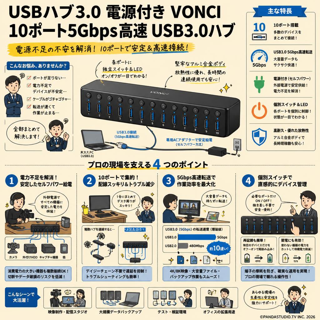 USBハブ3.0 電源付き VONCI 10ポート5Gbps高速 USB3.0ハブ 概要