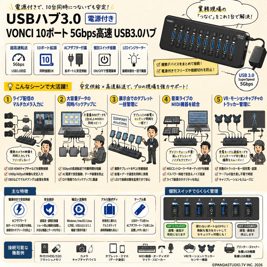 USBハブ3.0 電源付き VONCI 10ポート5Gbps高速 USB3.0ハブ 用途