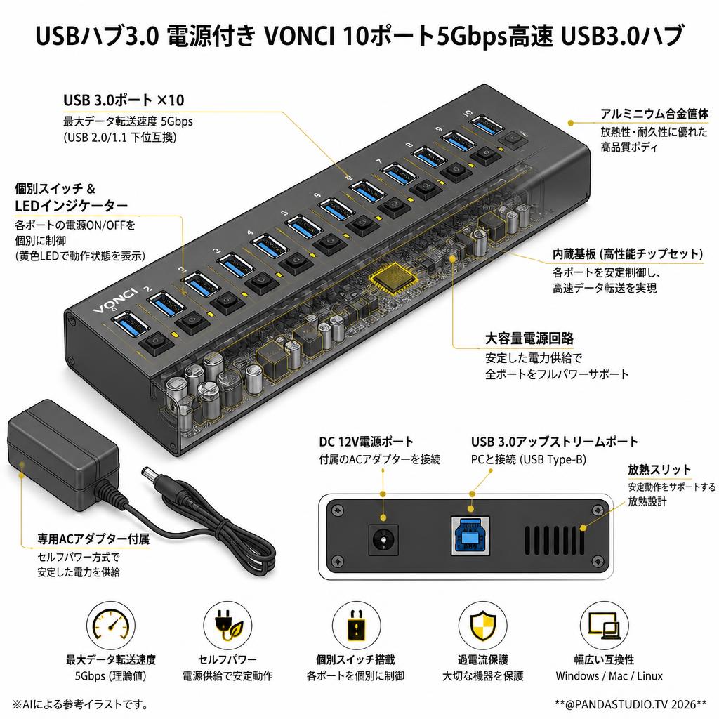 USBハブ3.0 電源付き VONCI 10ポート5Gbps高速 USB3.0ハブ スペック