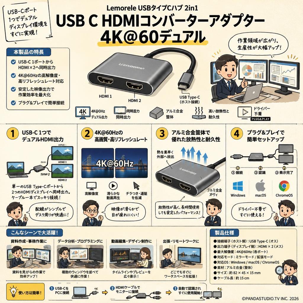 LemoreleUSBタイプCハブ2in 1 USB C HDMIコンバーターアダプター4K @ 60デュアル 概要
