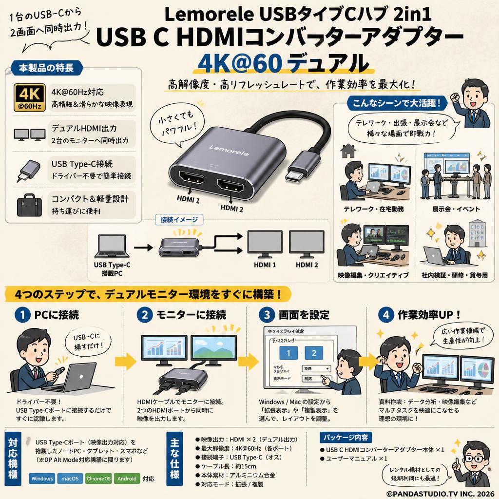 LemoreleUSBタイプCハブ2in 1 USB C HDMIコンバーターアダプター4K @ 60デュアル おもな対象のお客様