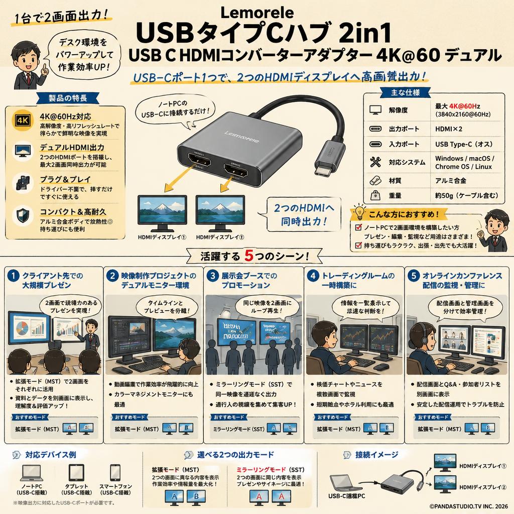 LemoreleUSBタイプCハブ2in 1 USB C HDMIコンバーターアダプター4K @ 60デュアル 用途
