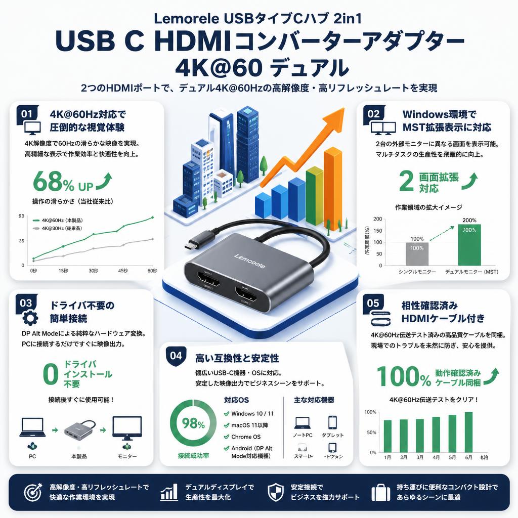 LemoreleUSBタイプCハブ2in 1 USB C HDMIコンバーターアダプター4K @ 60デュアル セールスポイント