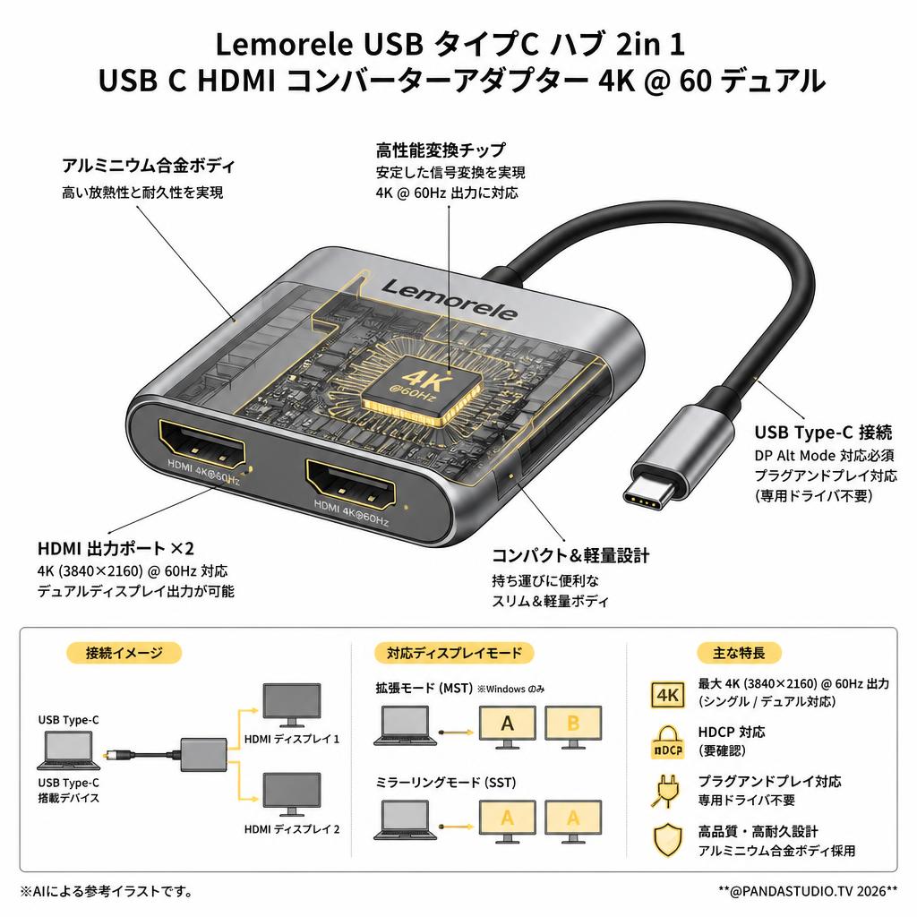 LemoreleUSBタイプCハブ2in 1 USB C HDMIコンバーターアダプター4K @ 60デュアル スペック