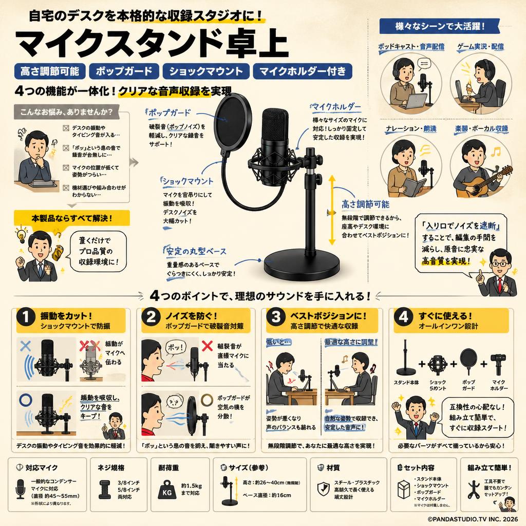 マイクスタンド卓上 高さ調節可能 ポップガード ショックマウント マイクホルダー付き 概要