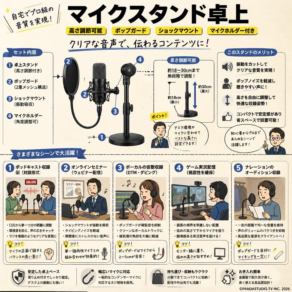 マイクスタンド卓上 高さ調節可能 ポップガード ショックマウント マイクホルダー付き 用途