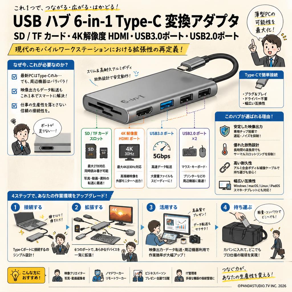 USB ハブ 6-in-1 type-c 変換アダプタ SD / TF カード 4k 解像度 hdmi USB3.0ポート USB2.0ポート 概要
