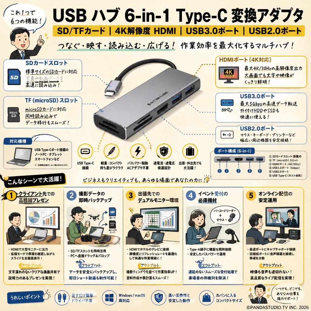 USB ハブ 6-in-1 type-c 変換アダプタ SD / TF カード 4k 解像度 hdmi USB3.0ポート USB2.0ポート 用途