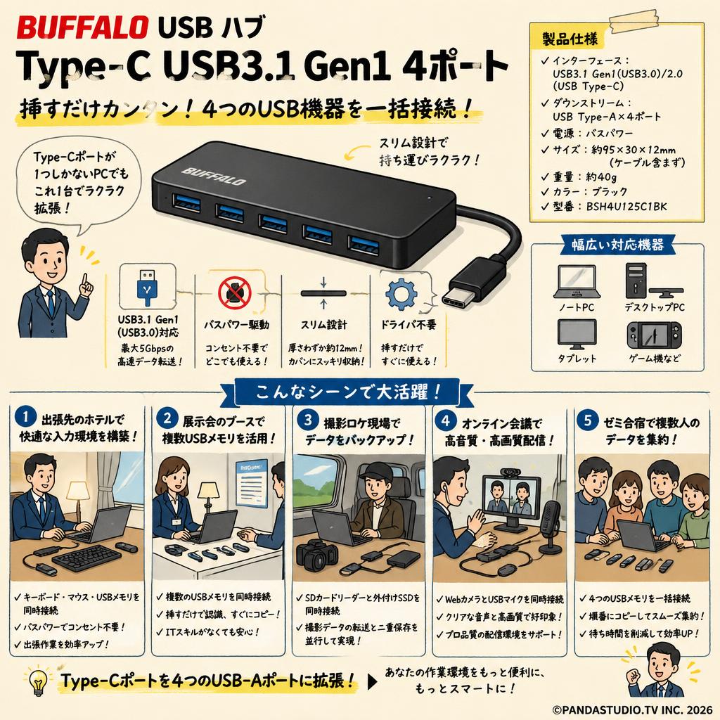 BUFFALO USB ハブ TypeC USB3.1 Gen1 4ポート バスパワー ブラック スリム設計 BSH4U125C1BK 用途