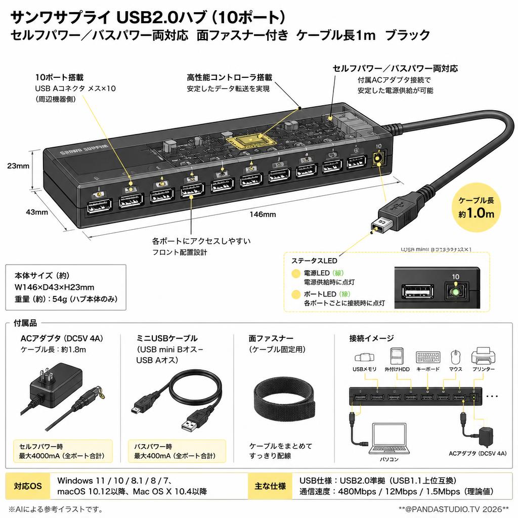 サンワサプライ USB2.0ハブ(10ポート) セルフパワー/バスパワー両対応 面ファスナー付き ケーブル長1m ブラック USB-2H1001BK スペック