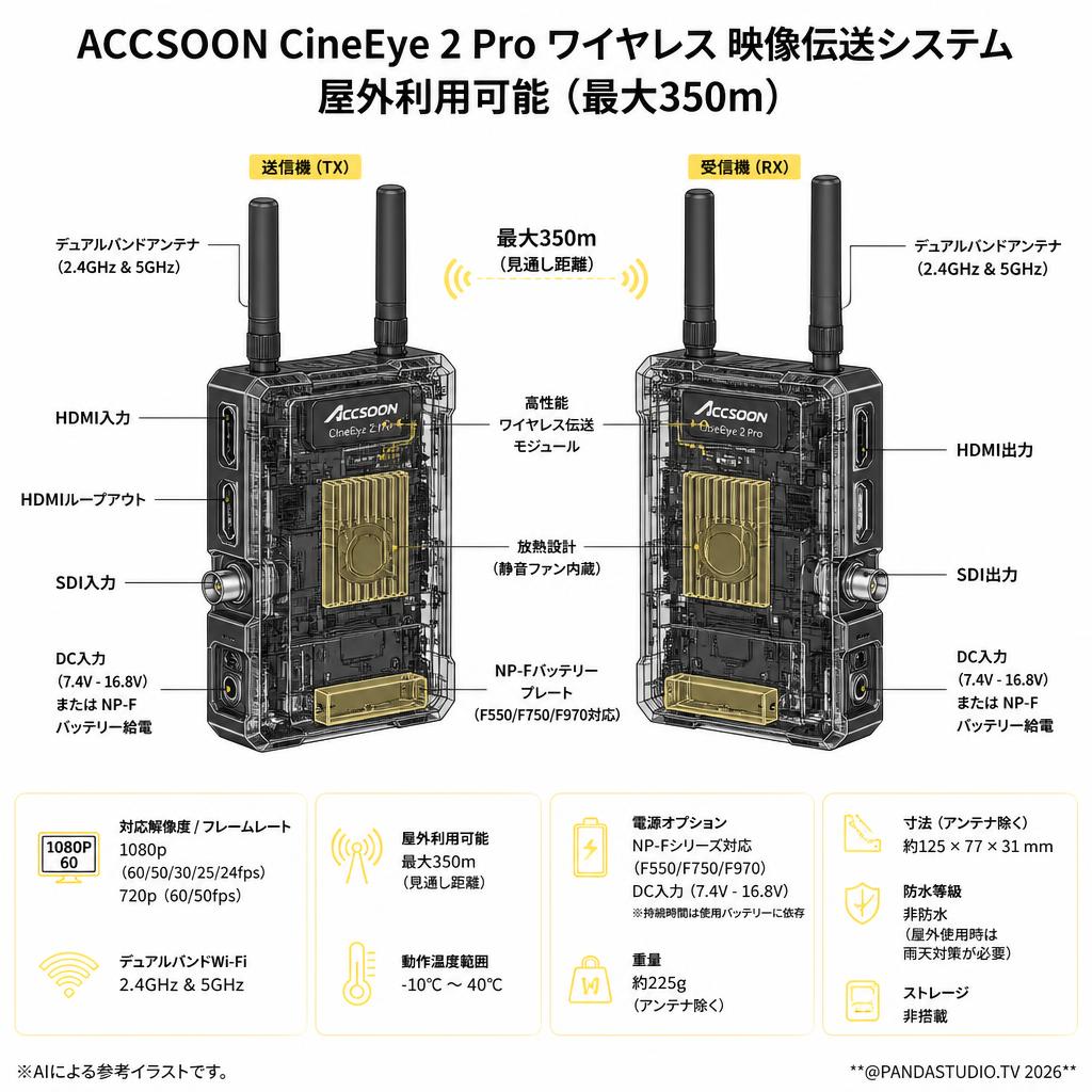 ACCSOON CineEye 2 Pro ワイヤレス 映像伝送システム 屋外利用可能（最大350ｍ） スペック
