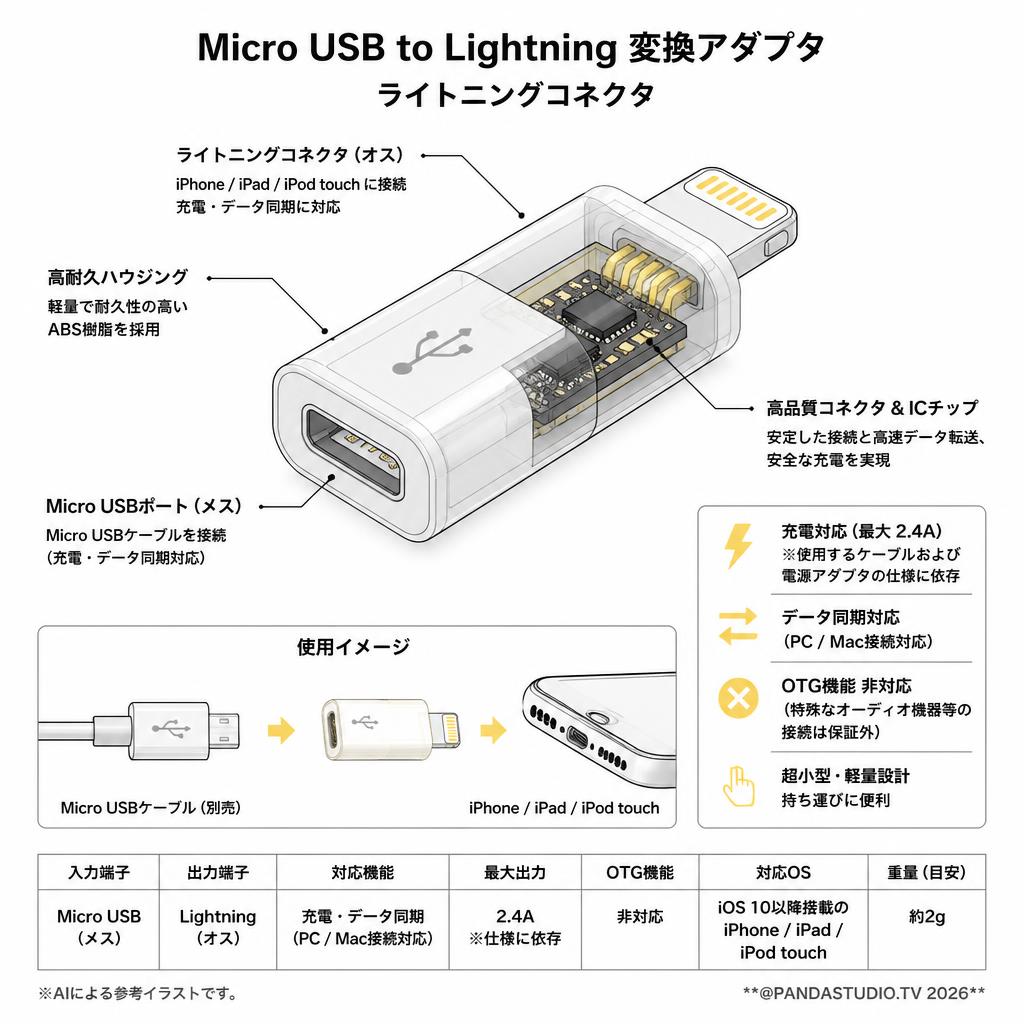 Micro USB to Lightning 変換アダプタ ライトニングコネクタ スペック