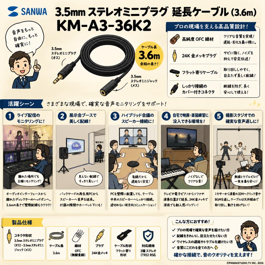 SANWA 3.5mm ステレオミニプラグ  延長ケーブル (3.6m) KM-A3-36K2 用途
