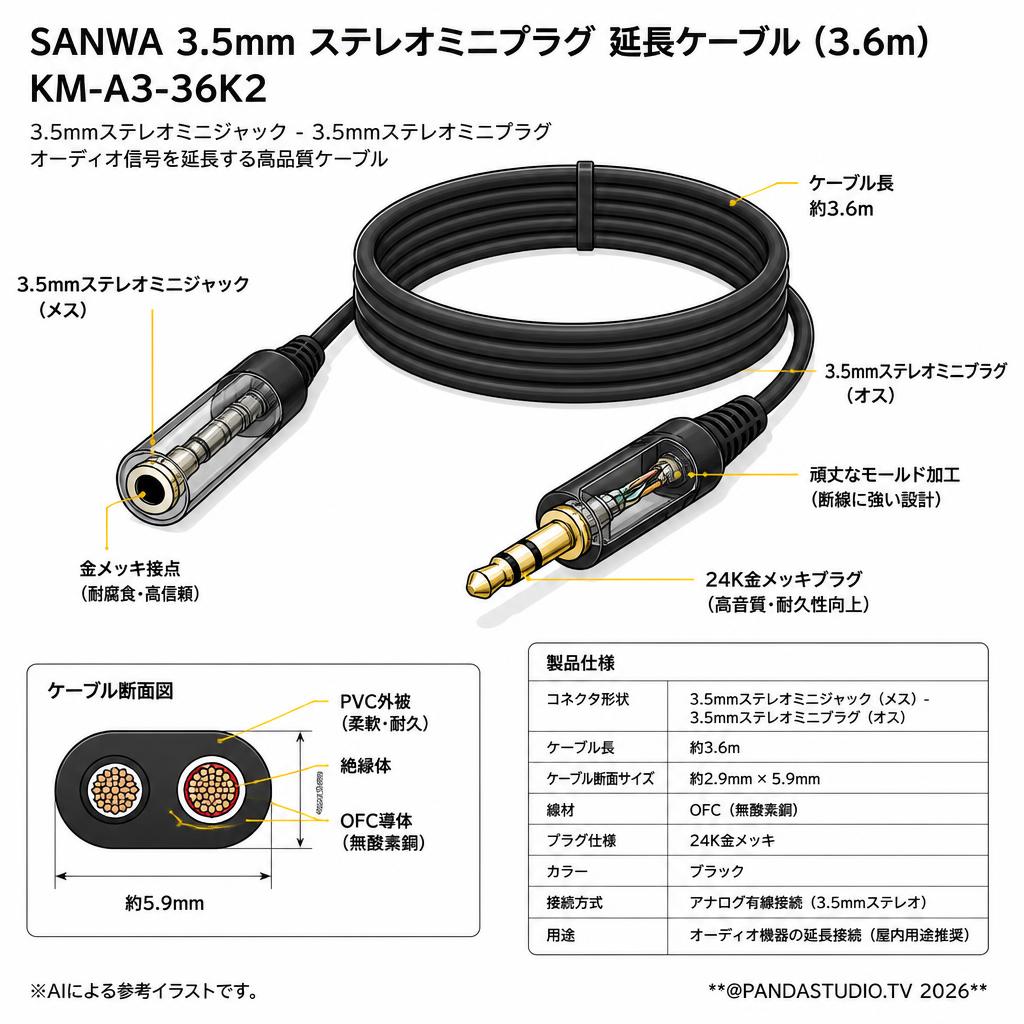 SANWA 3.5mm ステレオミニプラグ  延長ケーブル (3.6m) KM-A3-36K2 スペック