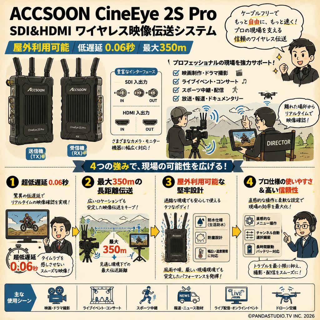 ACCSOON CineEye 2S Pro SDI&HDMIワイヤレス 映像伝送システム屋外利用可能 低遅延 0.06秒 (最大350ｍ) 概要
