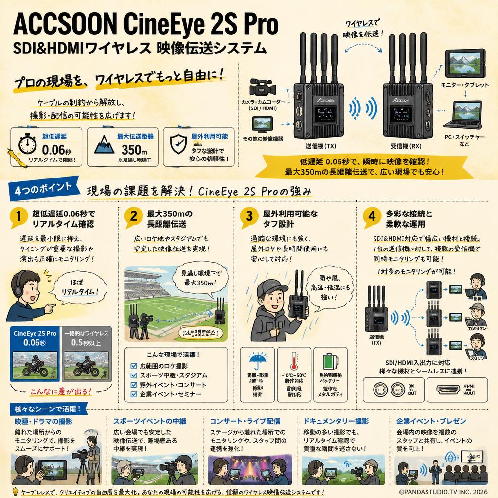 ACCSOON CineEye 2S Pro SDI&HDMIワイヤレス 映像伝送システム屋外利用可能 低遅延 0.06秒 (最大350ｍ) 用途