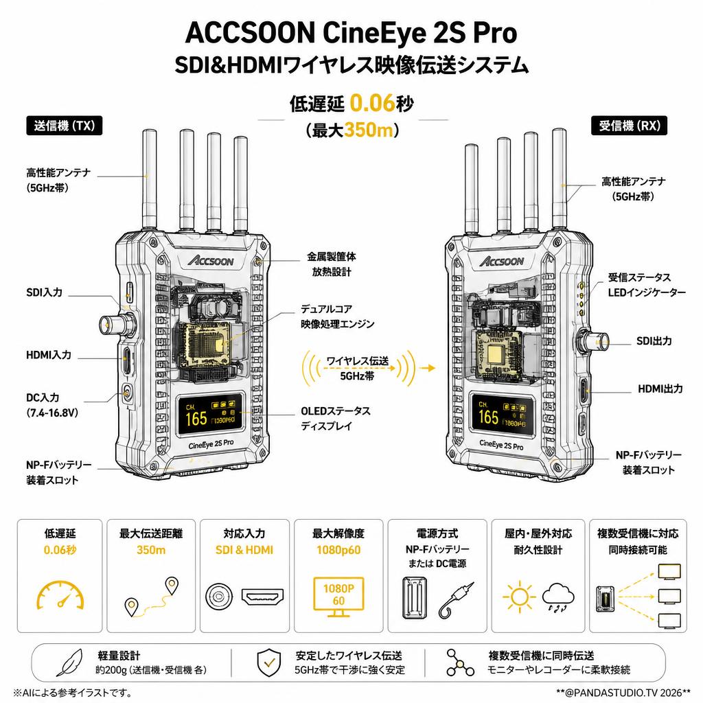 ACCSOON CineEye 2S Pro SDI&HDMIワイヤレス 映像伝送システム屋外利用可能 低遅延 0.06秒 (最大350ｍ) スペック